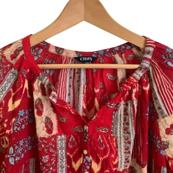 Chaps Patchwork Peasant Blouse Boho Aztec - Picture 3 of 8